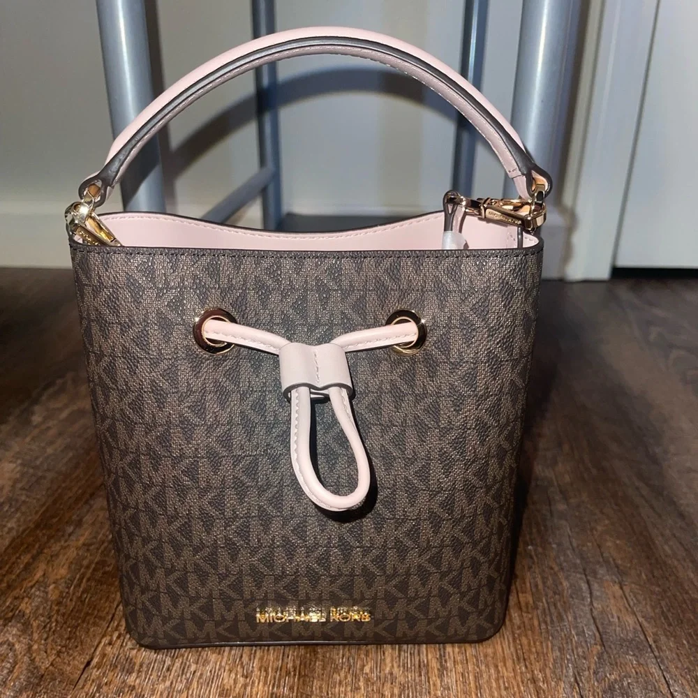 Michael Kors Brown Logo Bucket Bag with Pale Pink Trim